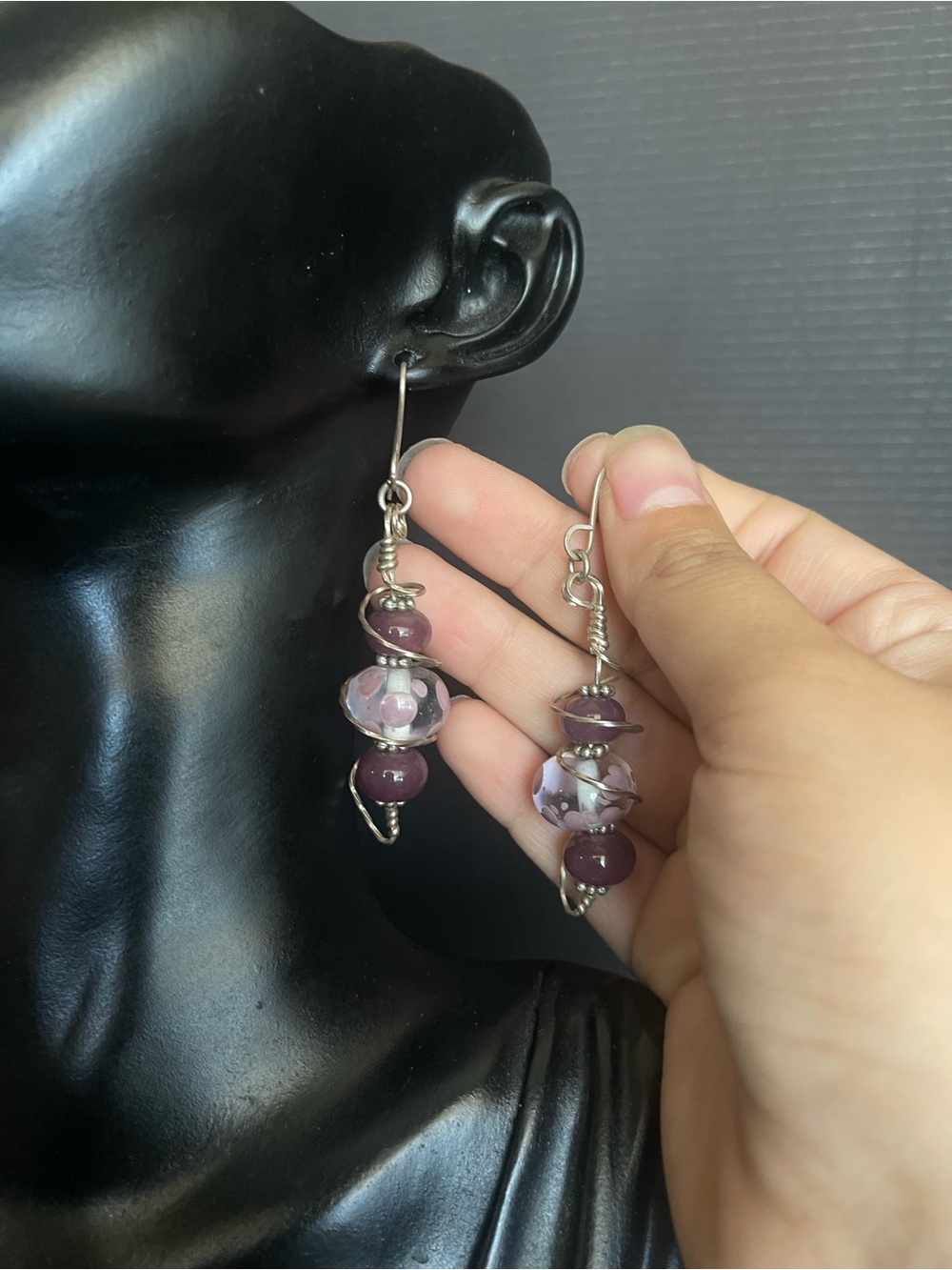 Sterling silver glass bead wired long dangle earrings